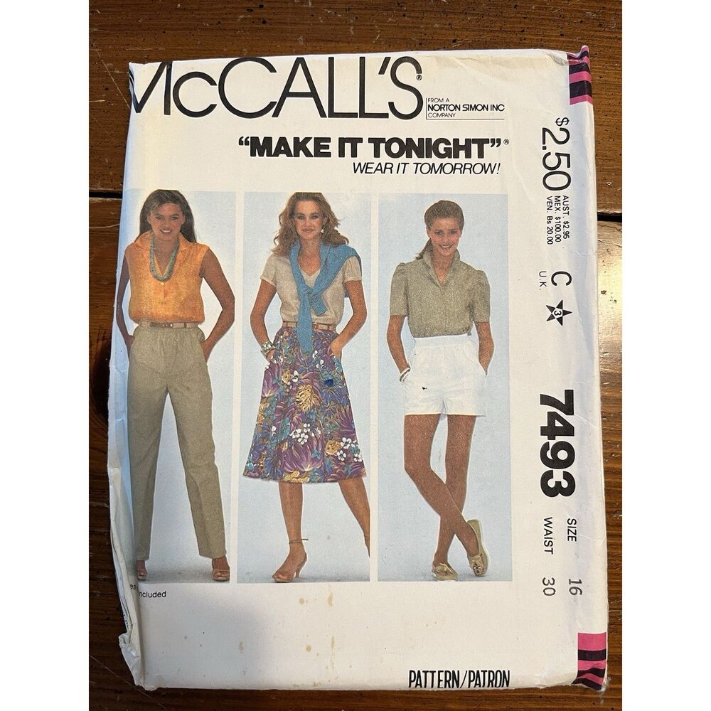 Vintage McCall’s Pattern 7493 Size 16 Waist 30 Misses Skirt, Pant, Shorts Uncut